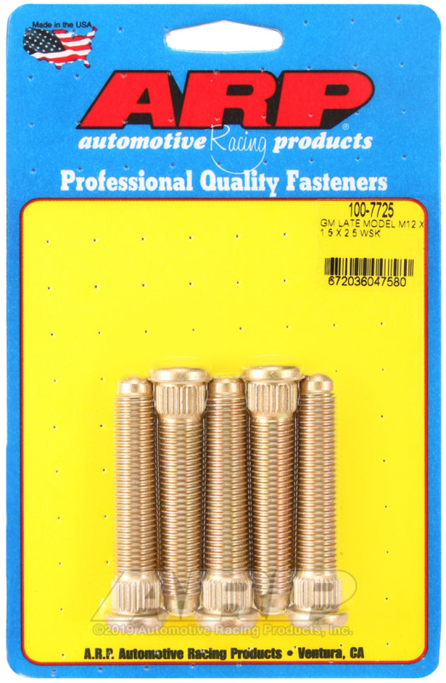 ARP Late Model GM wheel stud kit with M12x1.50 thread size and 2.50-inch length, showing metal wheel studs for automotive use.