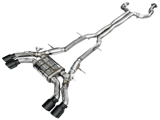 AWE Tuning Catback SwitchPath Exhaust for 2021+ Cadillac CT4-V Blackwing with diamond black tips, shown installed on the vehicle.