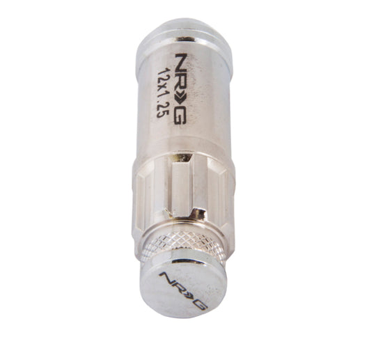 NRG 700 Series M12 x 1.25 steel lug nut set with dust caps, locks, and lock socket in silver for automotive wheels.