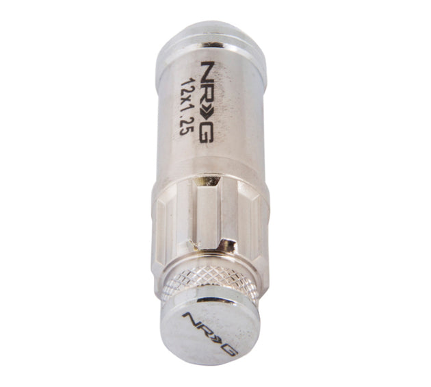 NRG 700 Series M12 x 1.25 steel lug nut set with dust caps, locks, and lock socket in silver for automotive wheels.