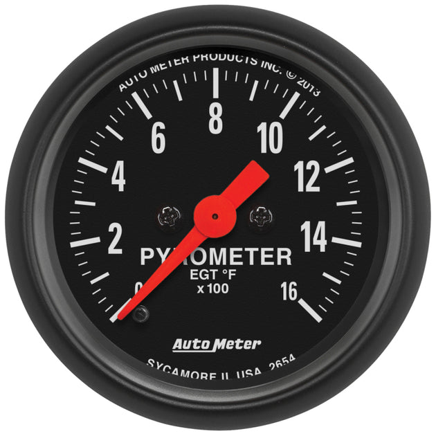 AutoMeter Z-Series 52mm electronic pyrometer gauge with full sweep, measuring 0-1600°F for vehicle temperature monitoring.