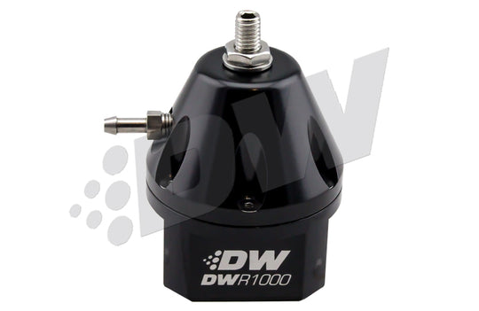 DeatschWerks DWR1000 black adjustable fuel pressure regulator showcasing its compact design and adjustment knob.