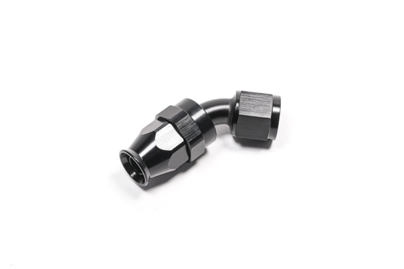Radium Engineering -8AN black PTFE hose end fitting with 45-degree angle, designed for high-performance fuel or oil lines.