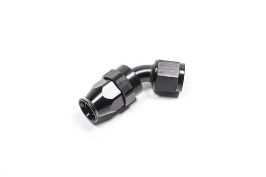 Radium Engineering -8AN black PTFE hose end fitting with 45-degree angle, designed for high-performance fuel or oil lines.