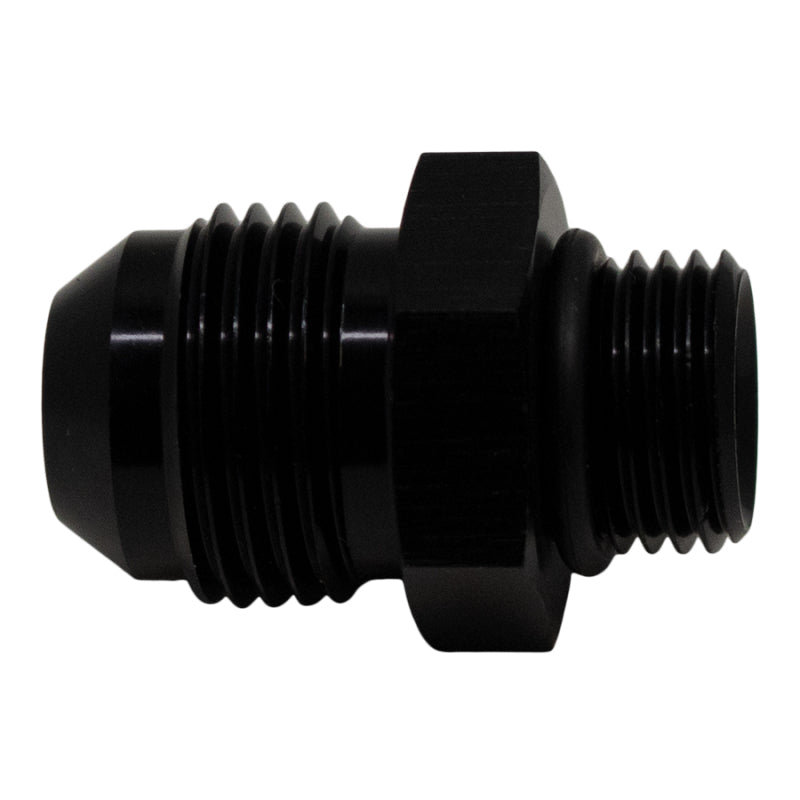 DeatschWerks 6AN ORB male to 8AN male flare fitting with O-ring, anodized matte black, used for automotive fluid connections.