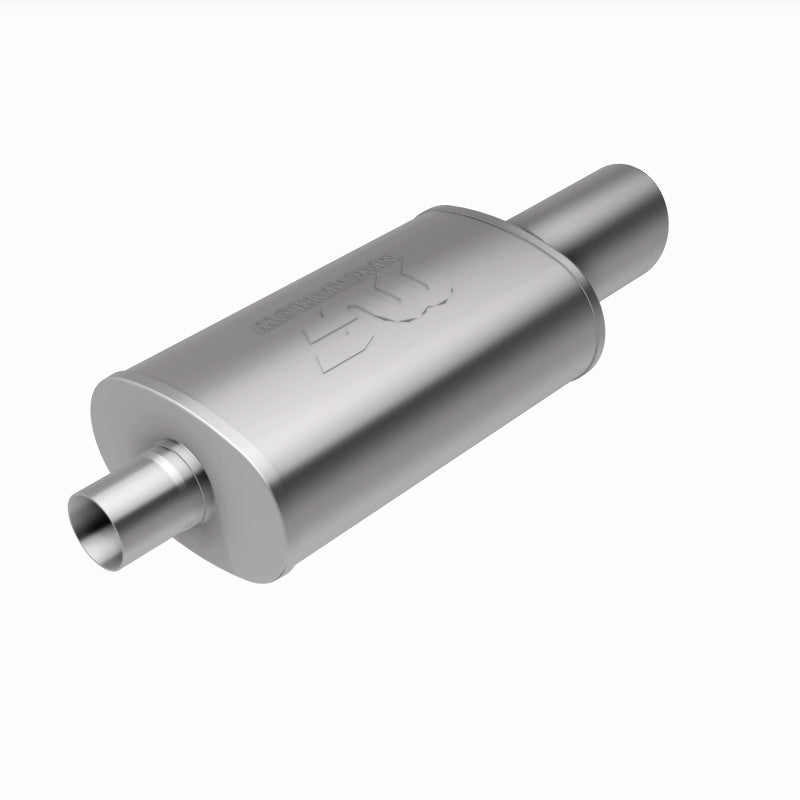 MagnaFlow muffler with tip, stainless steel, 14x5x8 inches, featuring 2.25/4 inch inlet and outlet, vehicle exhaust component