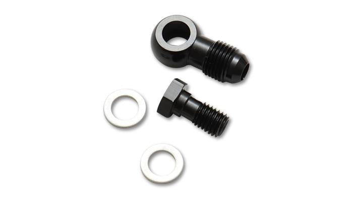 Vibrant -8AN male banjo fitting with 12mm x 1.5 metric aluminum body and two washers, used for automotive fluid connections.