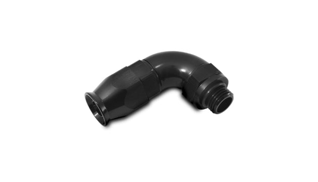 Vibrant -10AN Hose To -10ORB 90 Degree fitting for PTFE hose, showcasing metal fittings with a polished finish.