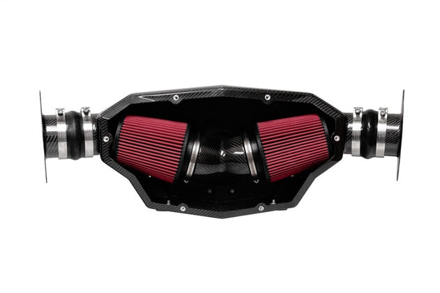 Corvette C8 Stingray 2020-2025 cold air intake by CORSA Performance with carbon fiber construction, shown installed in engine bay