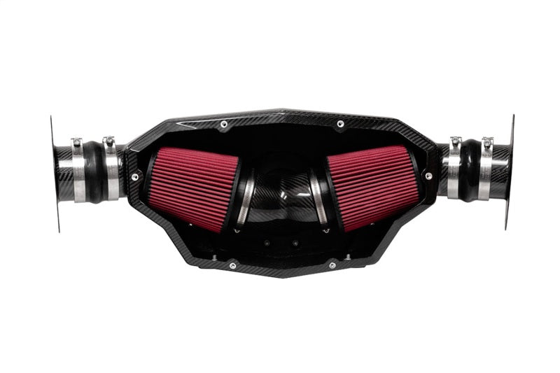 Corvette C8 Stingray 2020-2025 cold air intake by CORSA Performance with carbon fiber construction, shown installed in engine bay
