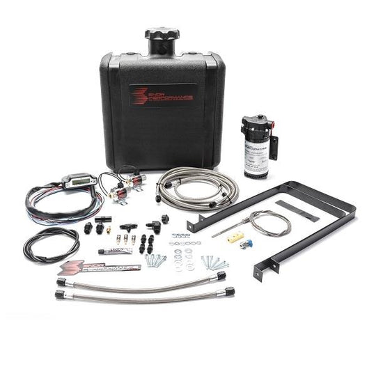 Snow Performance Stage 3 Boost Cooler Water Meth Kit with SS braided line and 4AN fittings for enhanced engine performance.