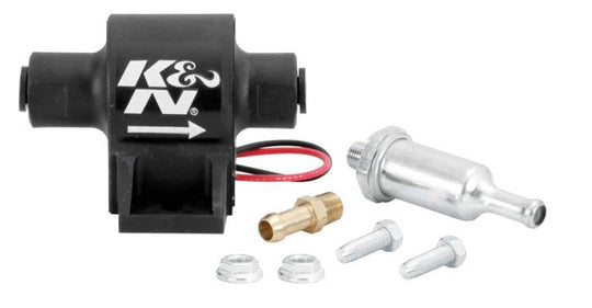 K&N Engineering electric fuel pump with 1-2 PSI, compact design ideal for high-performance automotive fuel systems