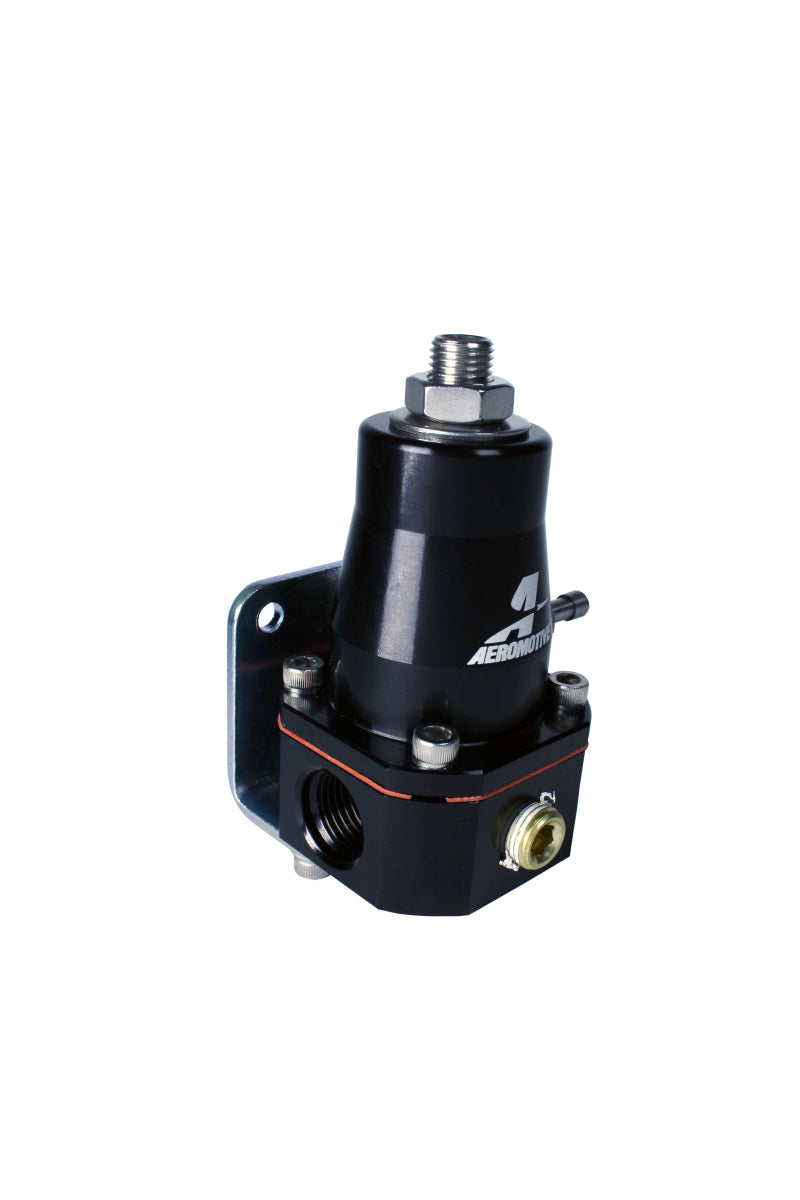 Aeromotive black billet EFI fuel pressure regulator with dual -6 inlets and single -6 return, adjustable for precise fuel delivery.