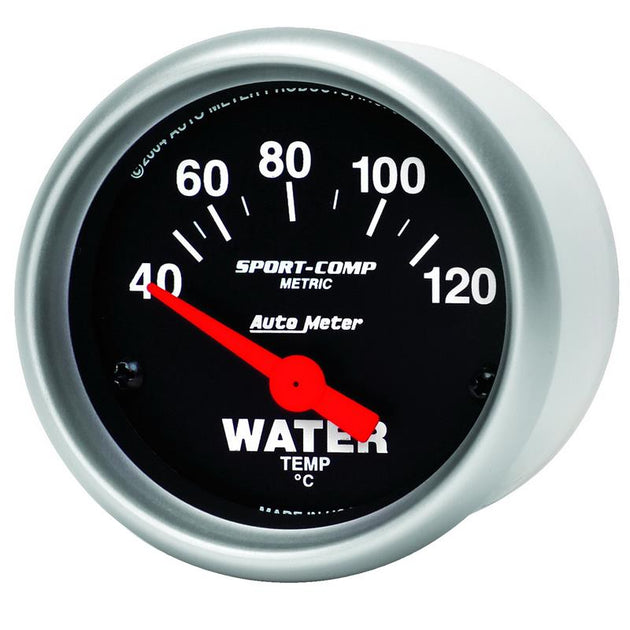 AutoMeter Sport-Comp 52mm electronic water temperature gauge with short sweep display, showing temperature readings from 40 to 120 degrees.