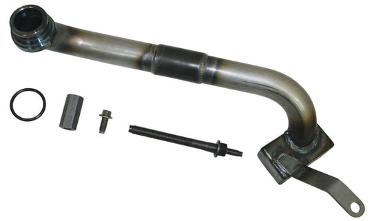 Moroso Ford Coyote Gen 3/GT350 oil pump pickup for kit cars, shown in a close-up with metal construction and mounting flange.