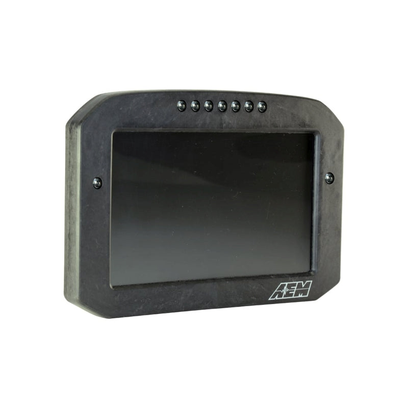AEM CD-7 Carbon Flush Digital Dash Display gauge showing digital readouts on a sleek carbon-fiber face for vehicle dashboards.