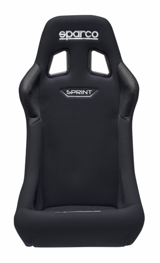 Black Sparco Sprint 2019 race seat with supportive bucket design and racing harness slots, designed for high-performance racing vehicles.