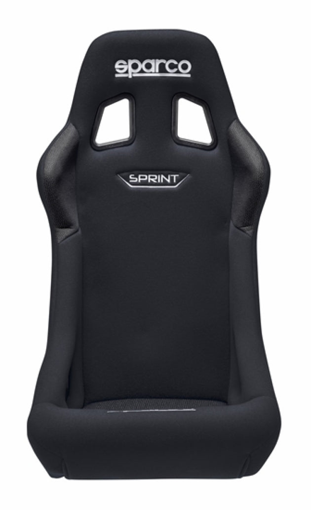 Black Sparco Sprint 2019 race seat with supportive bucket design and racing harness slots, designed for high-performance racing vehicles.