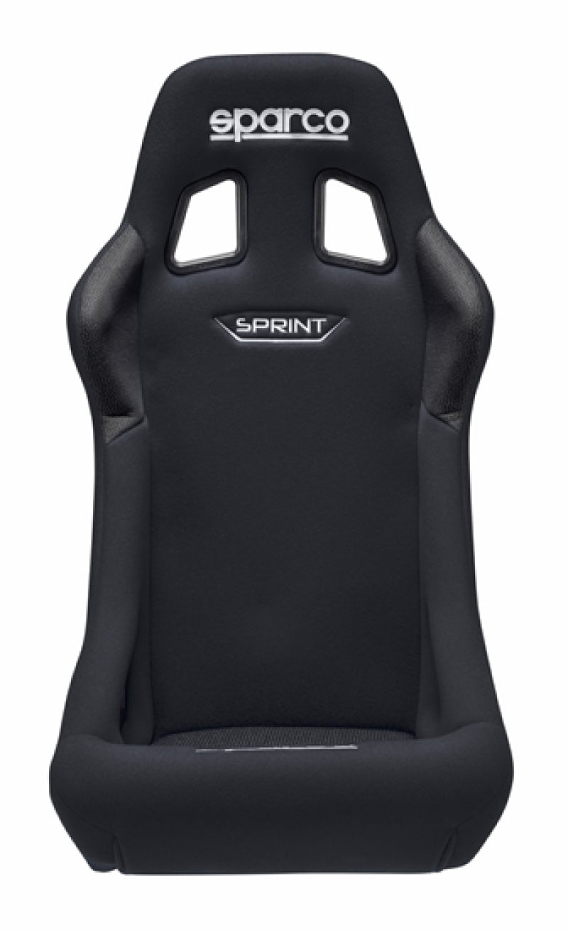 Black Sparco Sprint 2019 race seat with supportive bucket design and racing harness slots, designed for high-performance racing vehicles.