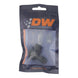 DeatschWerks 8AN ORB male to 6AN male flare fitting, matte black anodized, low profile 90-degree swivel for automotive fluid systems.