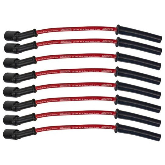 Moroso Ultra 40 8.5mm multi-angle spark plug wire set for GM LS/LQ engines, featuring red ignition wires and connectors
