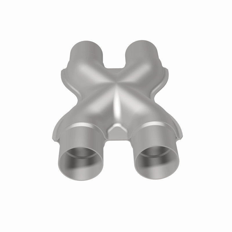MagnaFlow Smooth Trans X 2.25/2.25 stainless steel X pipe for vehicle exhaust systems, showing the polished metal construction.