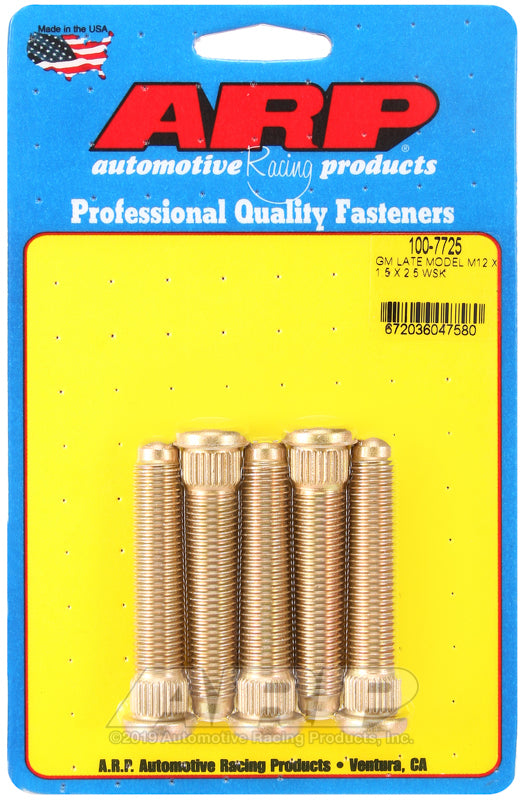 ARP late model GM wheel stud kit with M12x1.50 thread size and 2.50-inch length, showing metal studs and threading details.