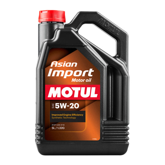 Motul Asian Import Motor Oil 5W-20, 4-liter bottles, suitable for Asian vehicles, with engine oil containers on a clean surface.