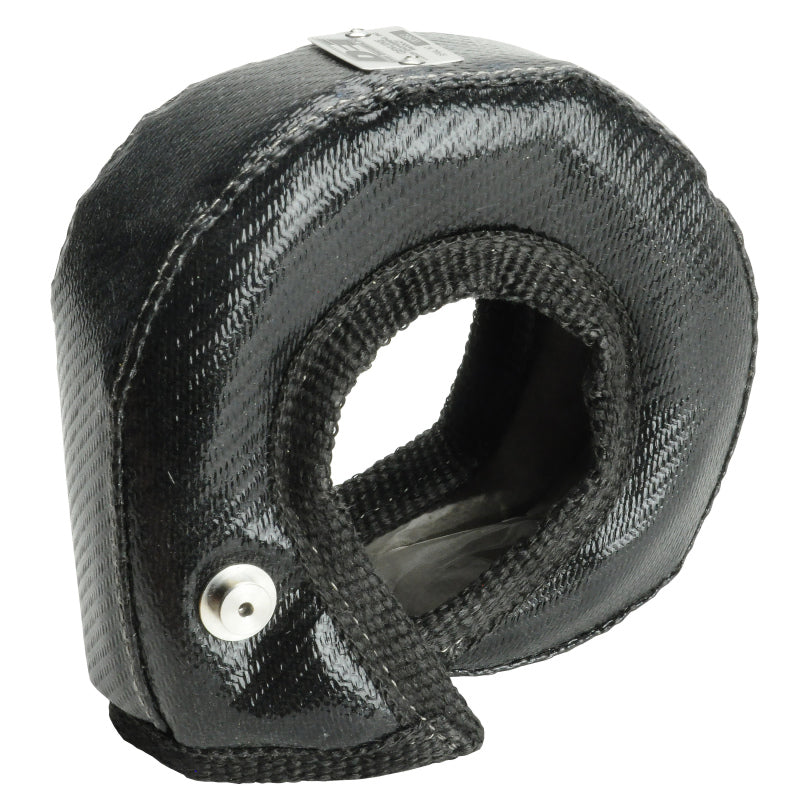 DEI Gen-3 Turbo Shield T3 onyx turbo blanket wrapped around a turbocharger, high-temperature insulating shield for performance.