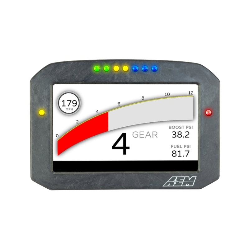 AEM CD-7G Carbon Flush Digital Dash Display gauge with internal 20Hz GPS and antenna, showing digital readout and sleek carbon finish.