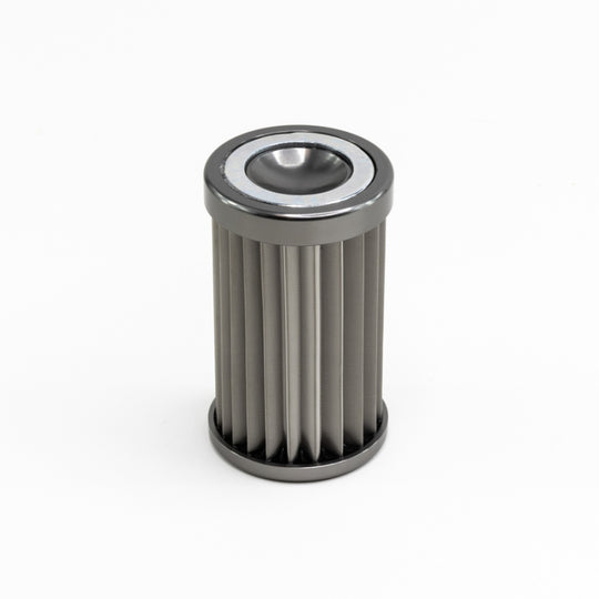 DeatschWerks stainless steel 10 micron universal fuel filter element for 110mm housing, with mesh screen and filter media.