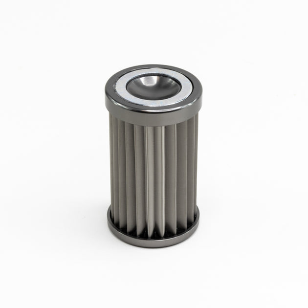 DeatschWerks stainless steel 10 micron universal fuel filter element for 110mm housing, with mesh screen and filter media.