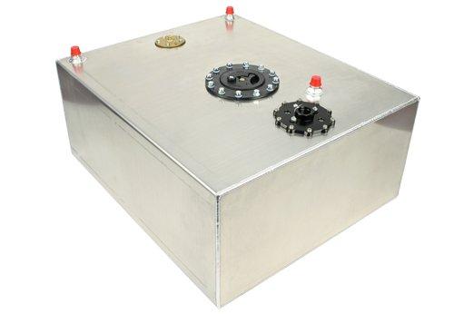 Aeromotive 20g A1000 Stealth Fuel Cell tank with fuel inlet and outlet fittings, designed for high-performance fuel storage.