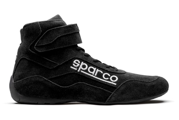 Black Sparco Race 2 racing shoes in size 12.5, showing the sleek design and racing shoe features with a close-up view.