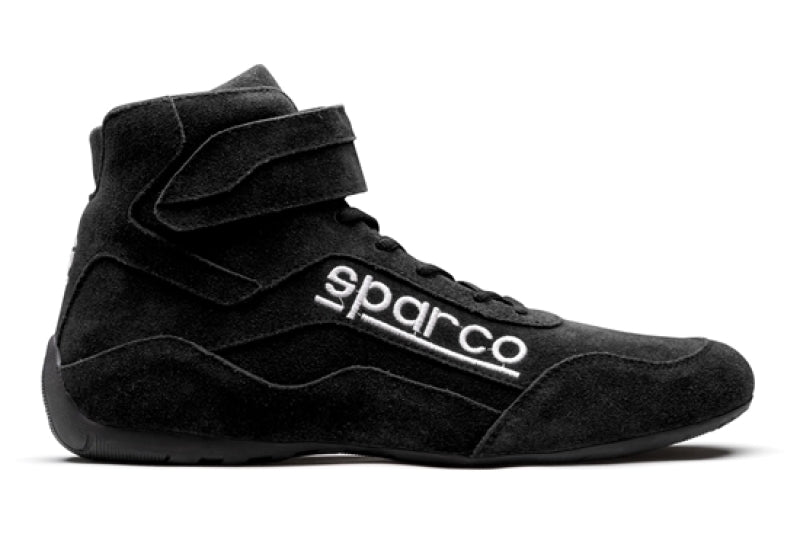 Black Sparco Race 2 racing shoes in size 12.5, showing the sleek design and racing shoe features with a close-up view.