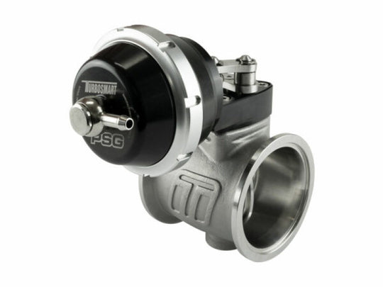 Turbosmart PSG50V pneumatic straight gate wastegate in black, showing the 6-inch Hg vacuum port and metal construction.
