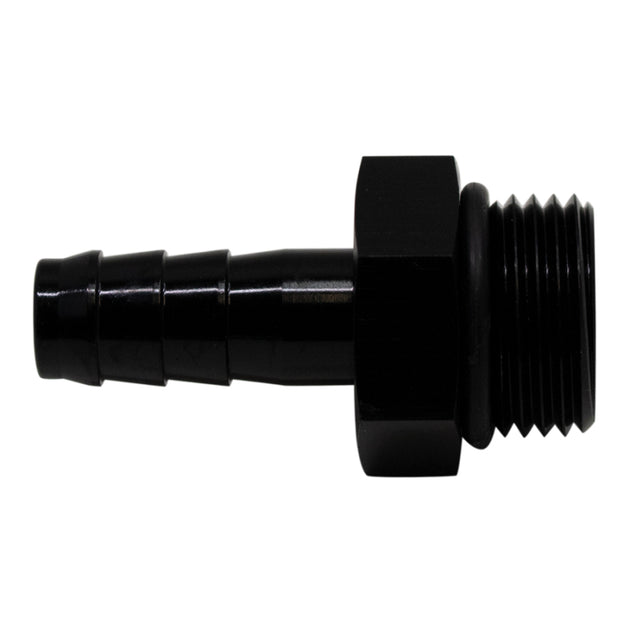 DeatschWerks matte black 8AN ORB male to 3/8-inch male triple barb fitting with O-ring, designed for fuel and fluid connections.