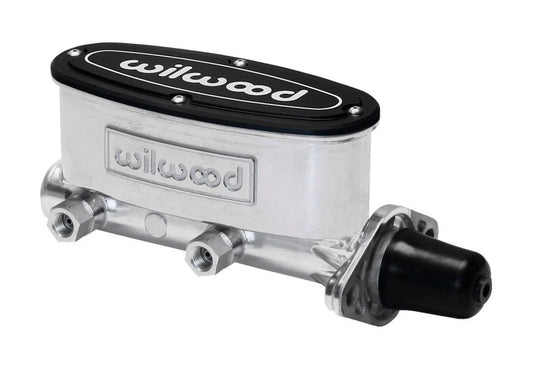 Wilwood high volume tandem brake master cylinder with 1 1/8 inch bore and ball burnished finish, shown from side view.