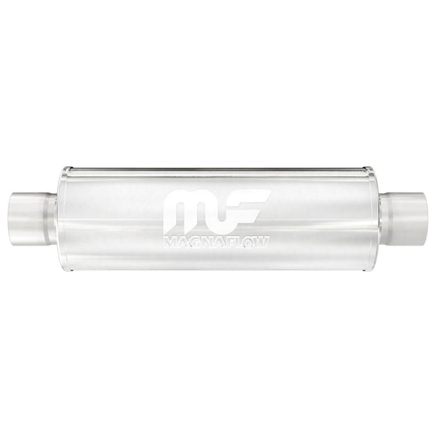 MagnaFlow MAG 409SS muffler with 5x5x14 inch size and 3-inch inlet, stainless steel construction, visible in the image.