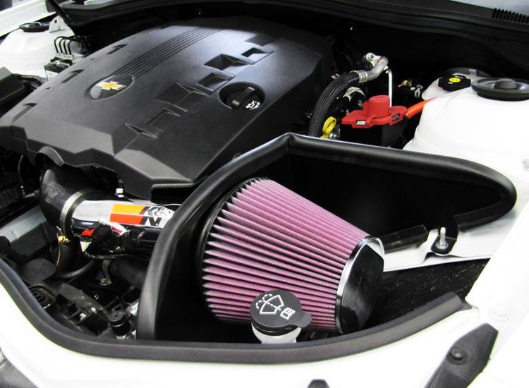 K&N Engineering cold air intake for 2012-2015 Chevrolet Camaro 3.6L V6, showing the black and silver intake system in detail.