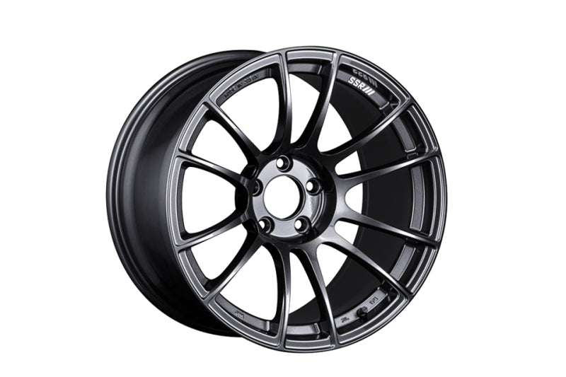 SSR GTX04 18x9.5 dark gunmetal cast wheel with 5x114.3 bolt pattern and 40mm offset, displayed from a front angle.