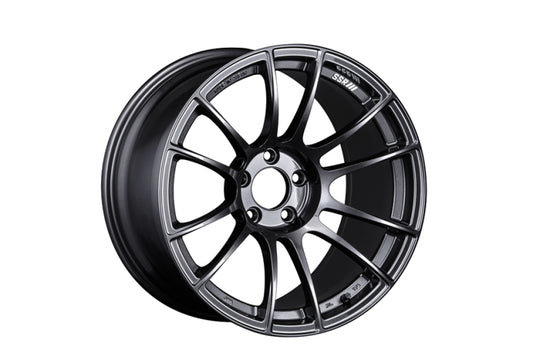 SSR GTX04 18x9.5 dark gunmetal cast wheel with 5x114.3 bolt pattern and 40mm offset, displayed from a front angle.