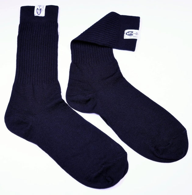 RaceQuip black SFI 3.3 fire safety racing socks in large size 10-11, made for high-performance driving safety.