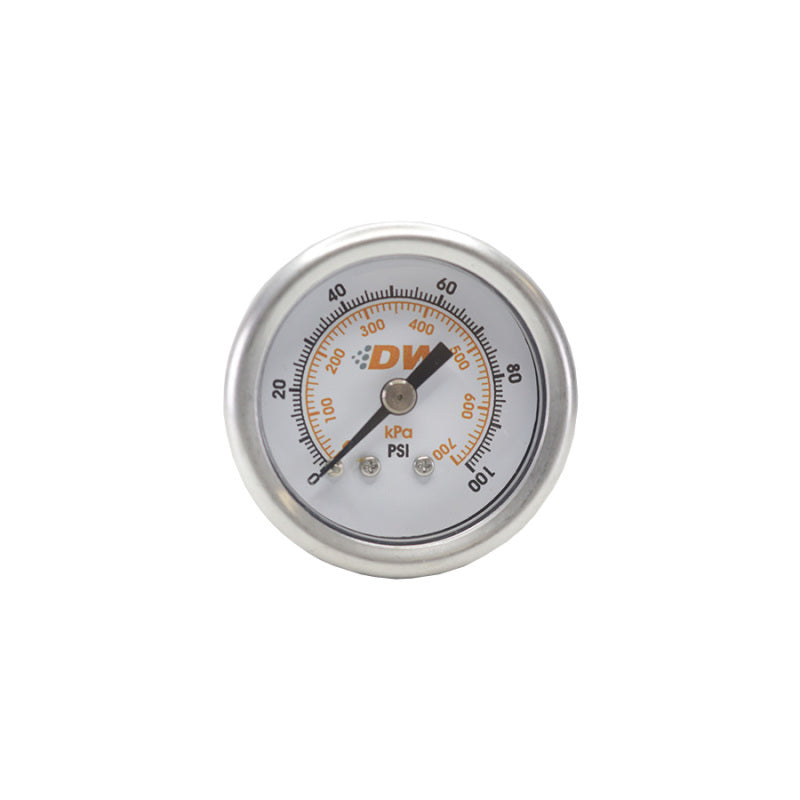 DeatschWerks mechanical fuel pressure gauge with 0-100 PSI range and 1/8 inch NPT fitting for automotive fuel systems.