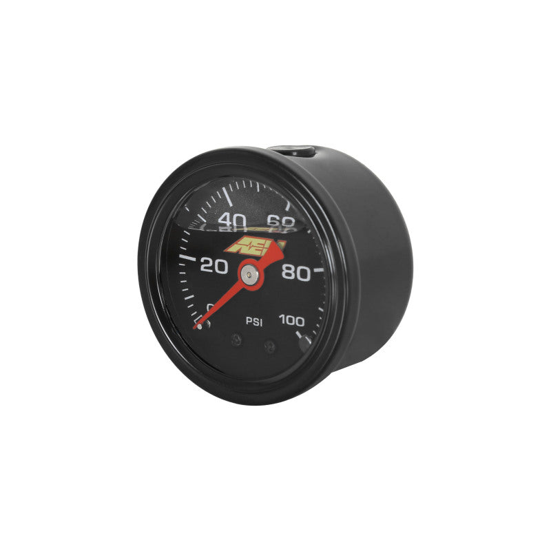 AEM liquid filled mechanical pressure gauge displaying 0-100 PSI with 1/8 NPT connection for accurate pressure measurement.