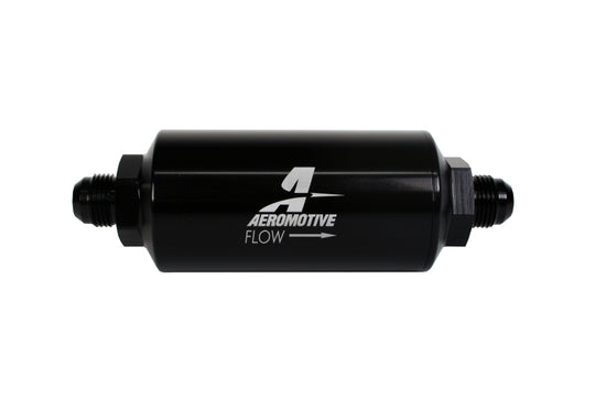 Aeromotive in-line fuel filter with AN -8 male fittings, 40 micron stainless mesh element, bright dip black finish, for fuel filtration.