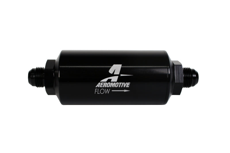 Aeromotive in-line fuel filter with AN -8 male fittings, 40 micron stainless mesh element, bright dip black finish, for fuel filtration.