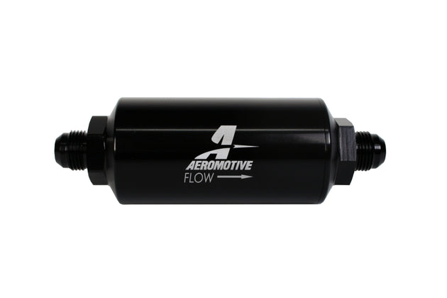 Aeromotive in-line fuel filter with AN-8 male fittings, 10 micron fabric element, black finish for automotive fuel systems.