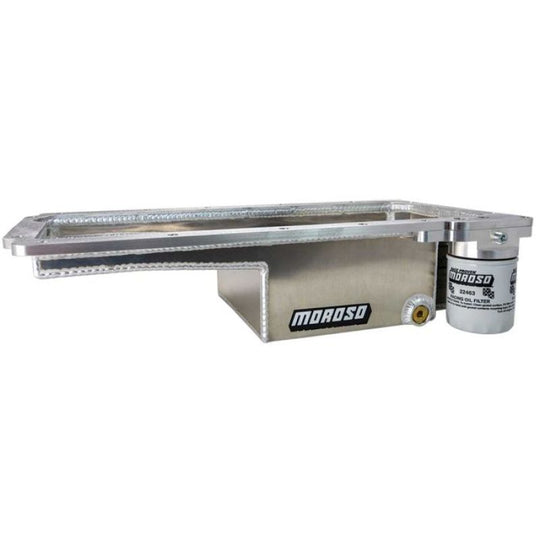 Moroso aluminum oil pan for LS Miata swap or C6 Corvette road race, featuring baffled design and durable construction.
