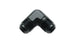 Vibrant aluminum -8AN 90-degree flare union fitting showing the shiny metallic finish and precise flare connection for automotive use.